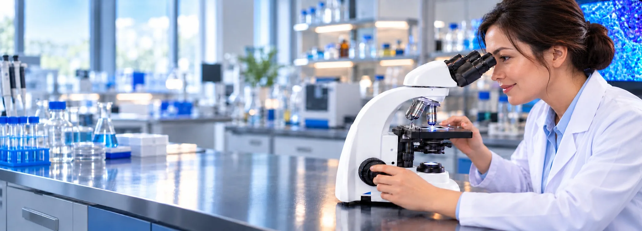 Scientist using microscope in laboratory